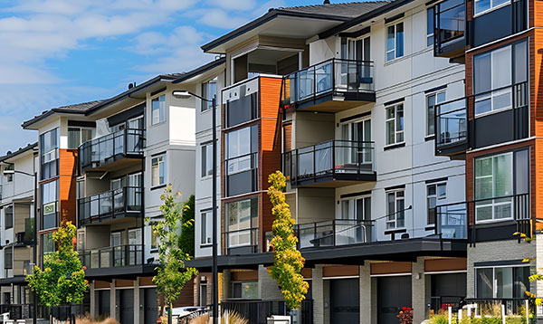Exterior view of modern low rise apartment buildings complex with parking garages in an urban residential neighborhood